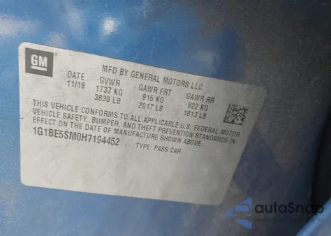 2017 Chevrolet Cruze Lt Auto from USA, damaged, VIN 1G1BE5SM0H7194452